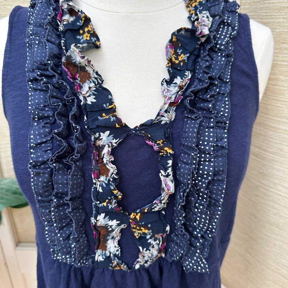 Anthropologie Deletta Ruffle Tank Top Floral Polka Dot Peplum Navy Medium - Picture 3 of 8